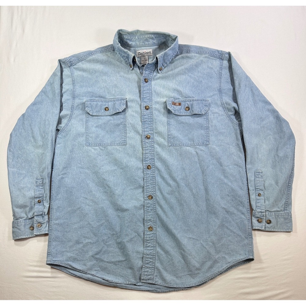 Carhartt Mens Large Light Wash Denim Long Sleeve Button Down Work Shirt L Blue